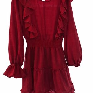 glam Red Ruffle Smocked-Waist Long-Sleeve Dress